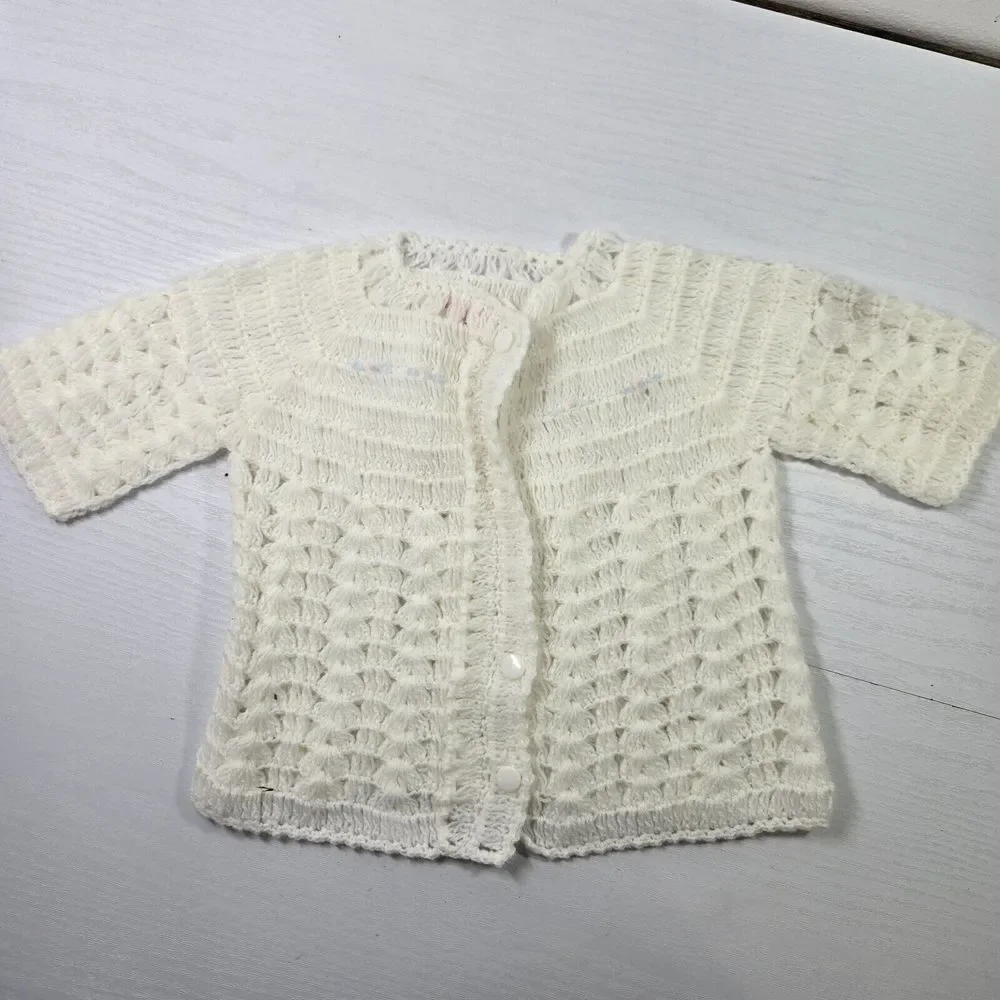Vintage Clo Knit White Cardigan Baby Sweater Unisex Soft Knitted